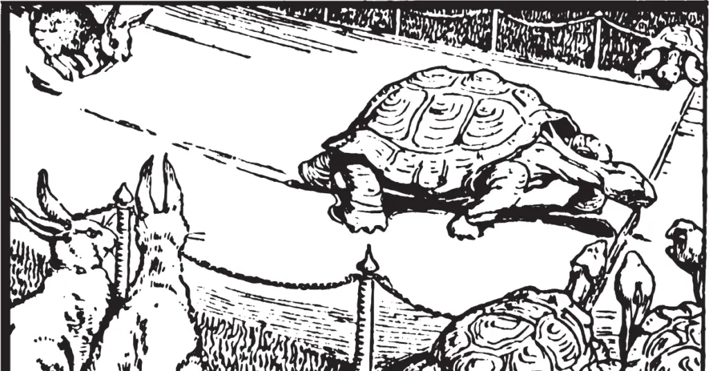 Vintage drawing of the classic race between the rabbit and the hare.